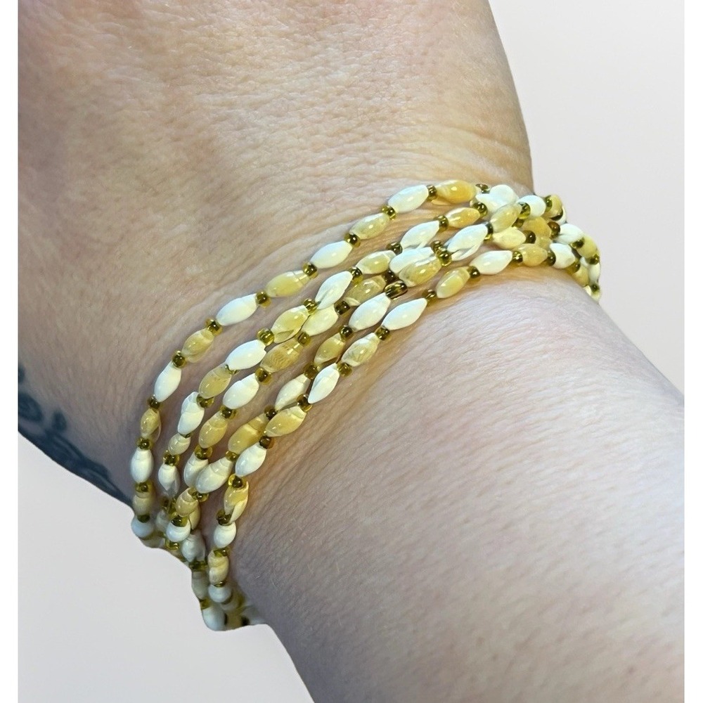 Mini Seashell Beaded Necklace 40in Long White Beige Coastal Boho Wrap‎ Bracelet